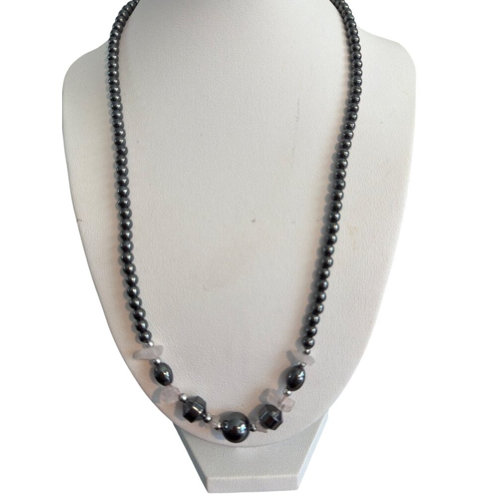 Vintage Hematite Bead Clear Quartz Chip Necklace Lobster Clasp 19" Estate 26.85g